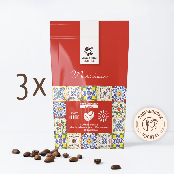 Кафе Manchini на зърна Maritozzo, Blend, 250 г (червено) - пакет от 3 бр.