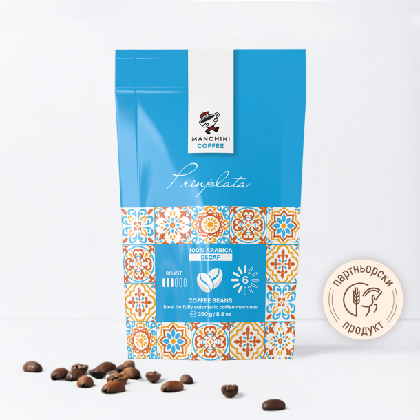 Кафе Manchini на зърна Prinjolata, Decaf, 250 г (синьо)