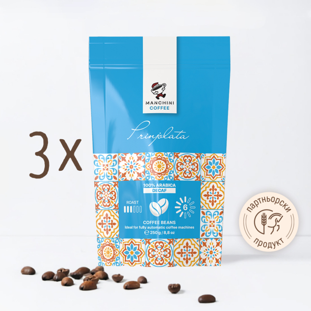 Кафе Manchini на зърна Prinjolata, Decaf, 250 г (синьо) - пакет от 3 бр.